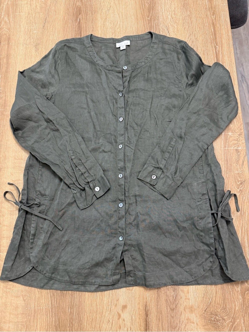 J. Jill Olive Green Button-Front Long Sleeve Top with Side Ties